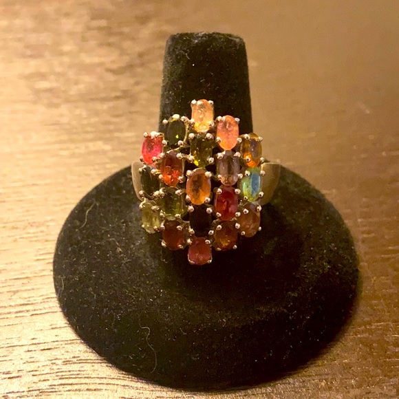 Multicolored Gem Stone 925 Sterling Silver Ring Purple Pink Green Size 10